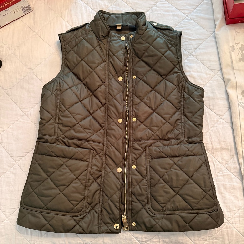 Burberry Olive Green Plaid-Lined Quilted Vest - Picture 3 of 8